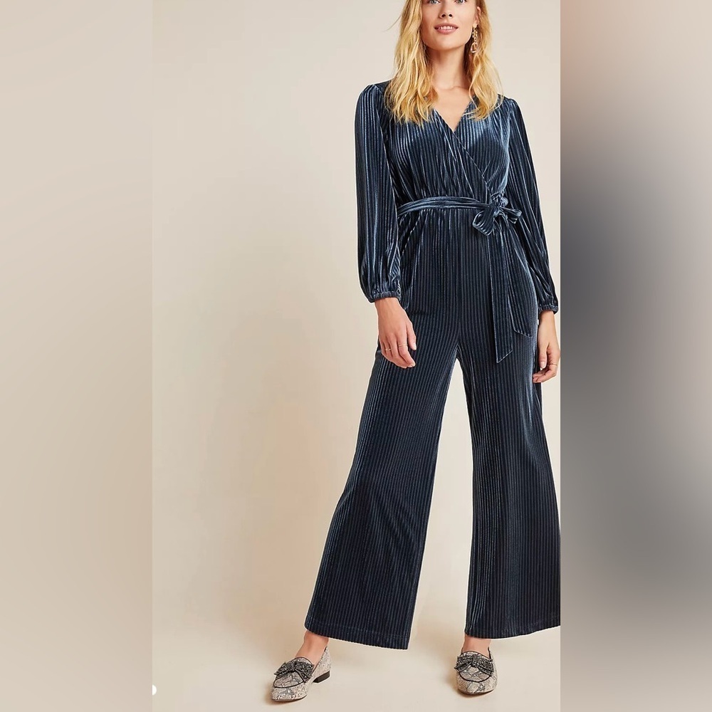 ANTHROPOLOGIE ALI & JAY Velvet Ribbed Long Sleeve Belted Jumpsuit large